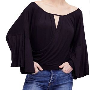 Free People Womens Medium Last Time Blouse Black Bell Sleeves Keyhole Neck NWT